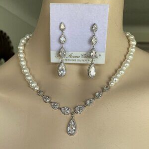 FAC Cubic Zirconia & Faux Pearl Necklace & Earrings Set​​​